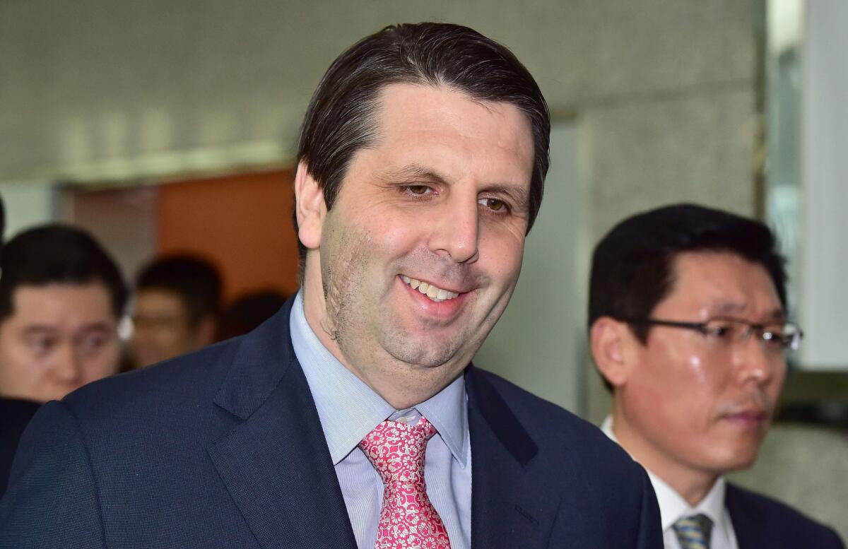 US ambassador to South Korea Mark Lippert is seen after a meeting with South Korean officials at the Foreign Ministry in Seoul on March 17, 2015. Lippert returned to work Thursday, two weeks after a knife-wielding man slashed his face during a breakfast forum in Seoul.