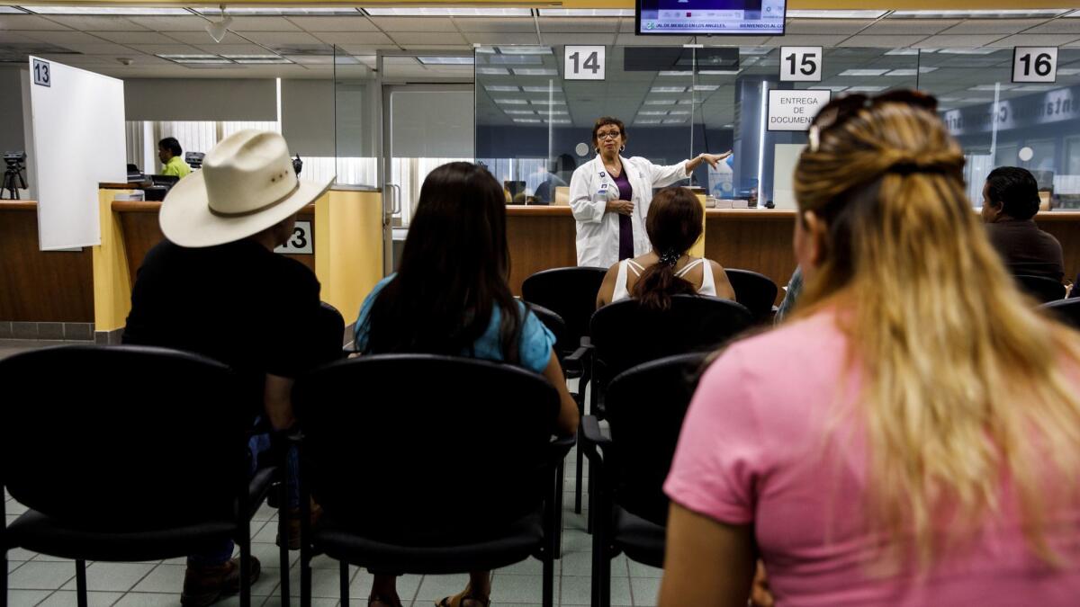 Planned Parenthood Los Angeles nurse practitioner Teresa Arellano, in white lab coat, speaks to people waiting to receive documents about healthcare services and testing available from Planned Parenthood at the Mexican Consulate General in Los Angeles.