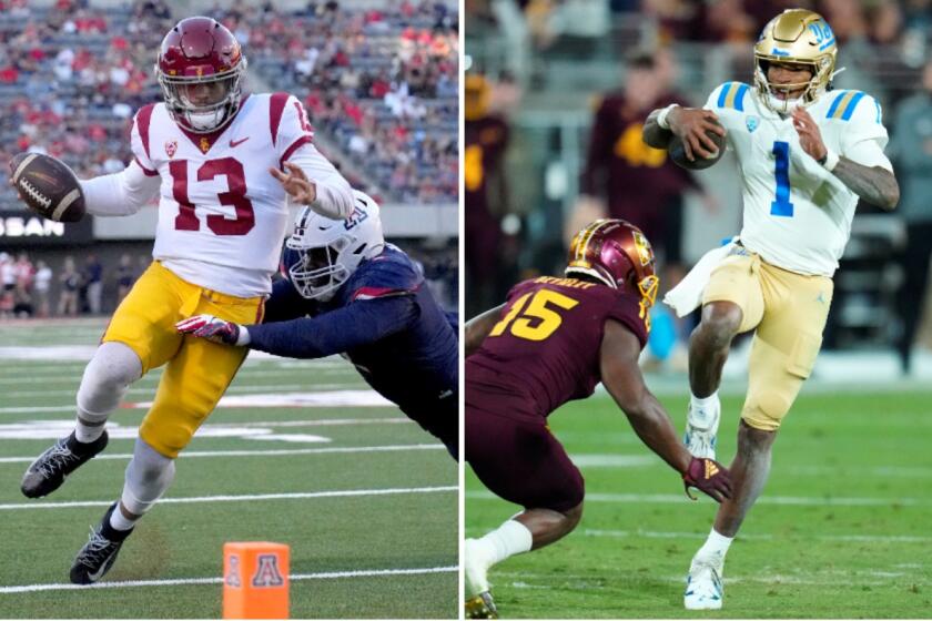 Split shot of USC quarterback Caleb Williams and UCLA quarterback Dorian Thompson-Robinson