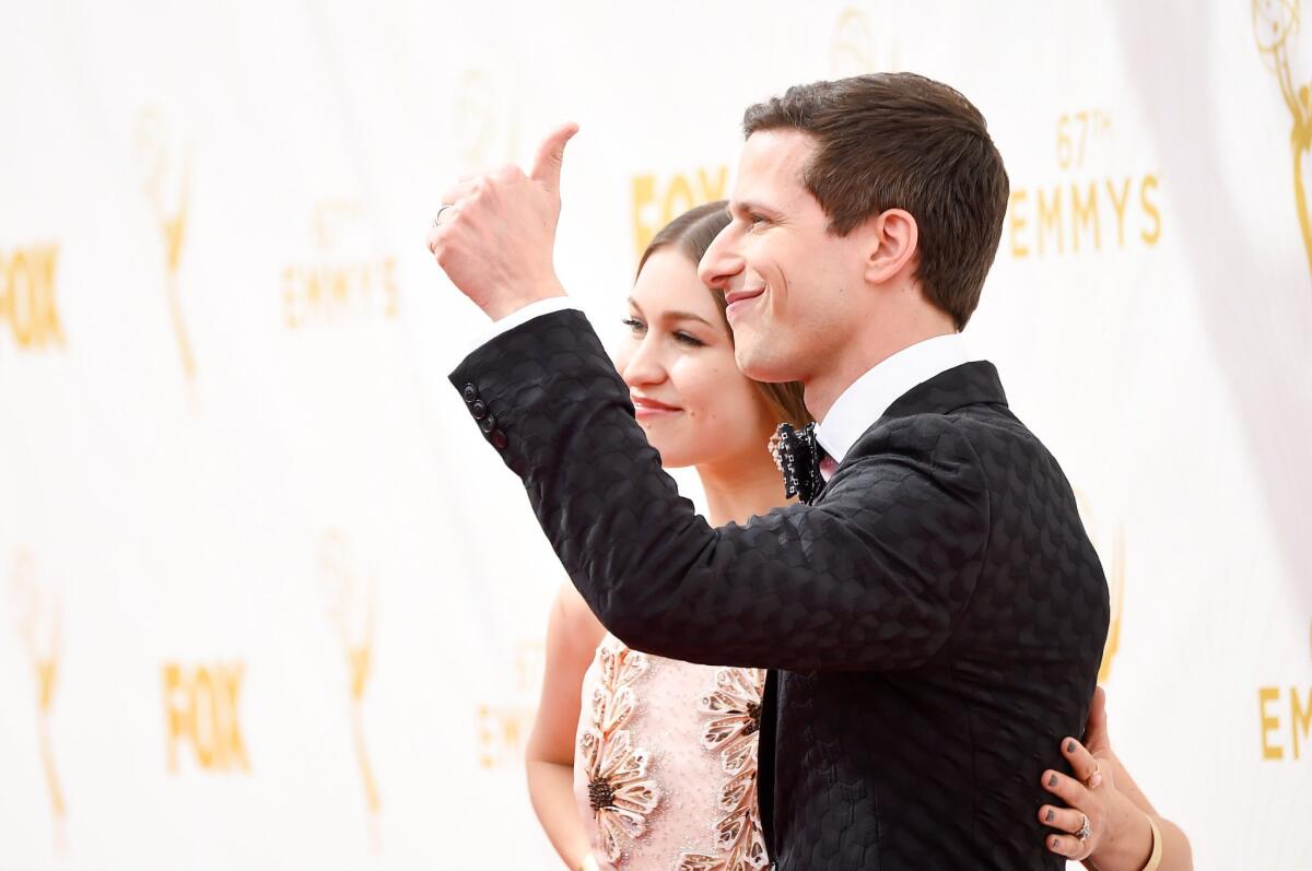 LOS ANGELES, CA - SEPTEMBER 20: Host Andy Samberg (R) and singer Joanna Newsom attend the 67th Annual Primetime Emmy Awards at Microsoft Theater on September 20, 2015 in Los Angeles, California. (Photo by Frazer Harrison/Getty Images) ** OUTS - ELSENT, FPG - OUTS * NM, PH, VA if sourced by CT, LA or MoD **
