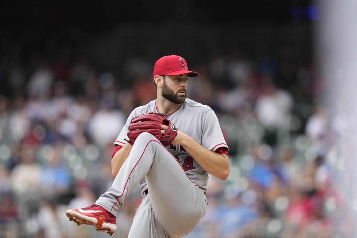 Angels starting pitcher Lucas Giolito delivers against the Atlanta Braves on Aug. 2, 2023.