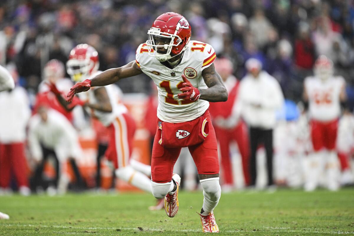 Kansas City Chiefs wide receiver Marquez Valdes-Scantling (11) runs in open field against the Baltimore Ravens.