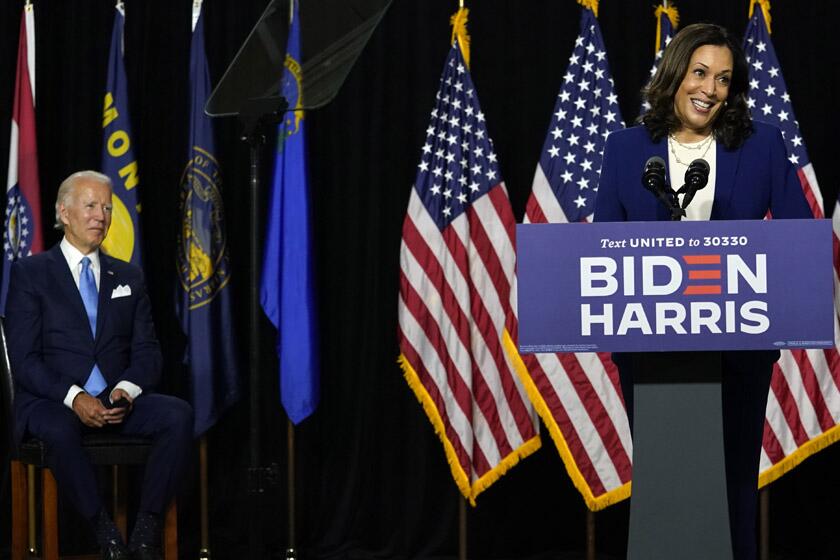 Sen. Kamala Harris (D-Calif.) speaks after Democratic presidential candidate former Vice President Joe Biden introduced her as his running mate during a campaign event in Wilmington, Del., on Wednesday.