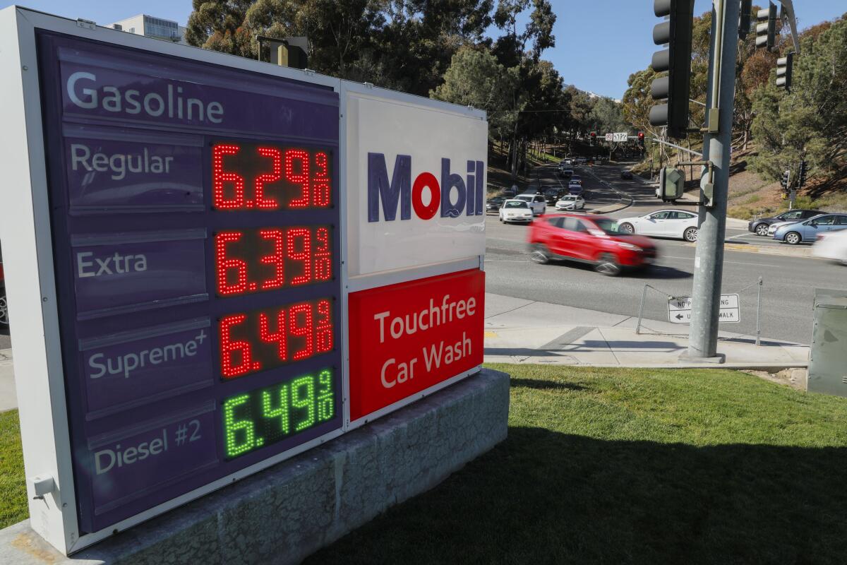 Gas prices at a Mobile station on La Jolla Village Drive in San Diego on Wednesday, March 9, 2022.