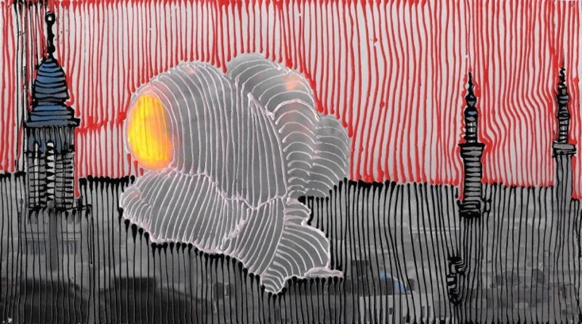 After seeing images of the 2014 Gaza bombings in her Facebook feed, Jaime Scholnick began to draw over them as a way of dealing with their content. Shown is an image of an explosion obscured by Scholnick's lines.