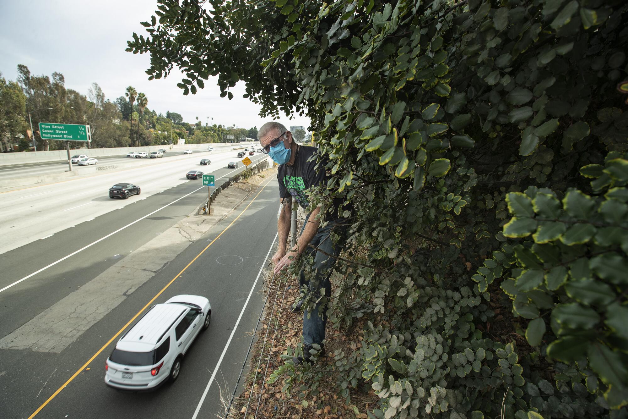 Jason Sodenkamp looks for a homeless client living above the 101 Freeway.