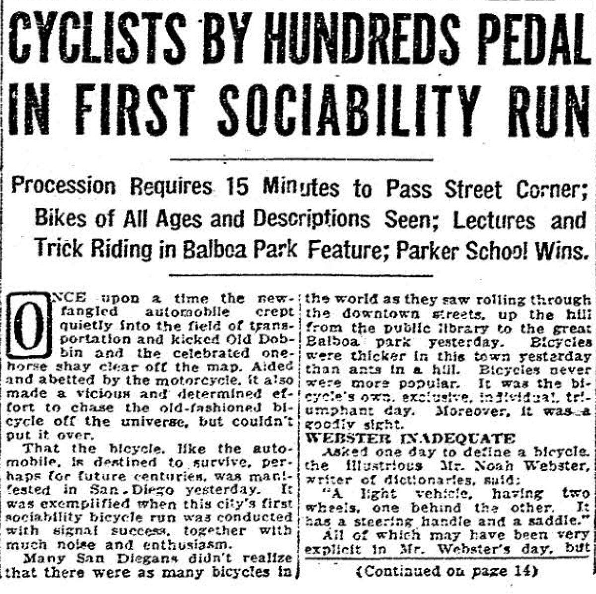 "CYCLISTS BY HUNDRES PEDAL IN FIRST SOCIABILITY RUN" from the front page of The San Diego Union, March 20,1921.