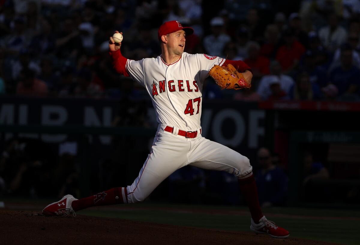 Angels pitcher Griffin Canning delivers during a game against the Dodgers in June 2019.