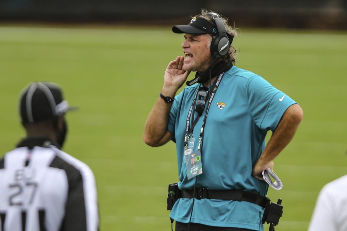 Jacksonville Jaguars special Teams coordinator Joe DeCamillis shouts instructions.