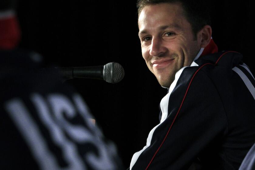 FILE - In a June 21, 2010 file photo, U.S. national soccer defender Steve Cherundolo smiles during a news conference in Irene, South Africa. Cherundolo said Wednesday, March 19, 2014 that he is retiring because of persistent knee injuries. (AP Photo/Elise Amendola, File)