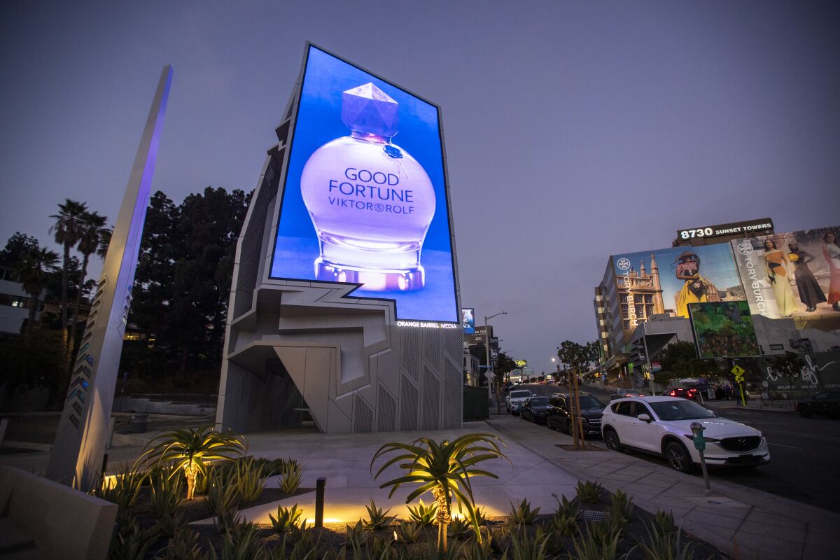 Digital billboards are seen on the Sunset Strip in West Hollywood on Aug. 22.