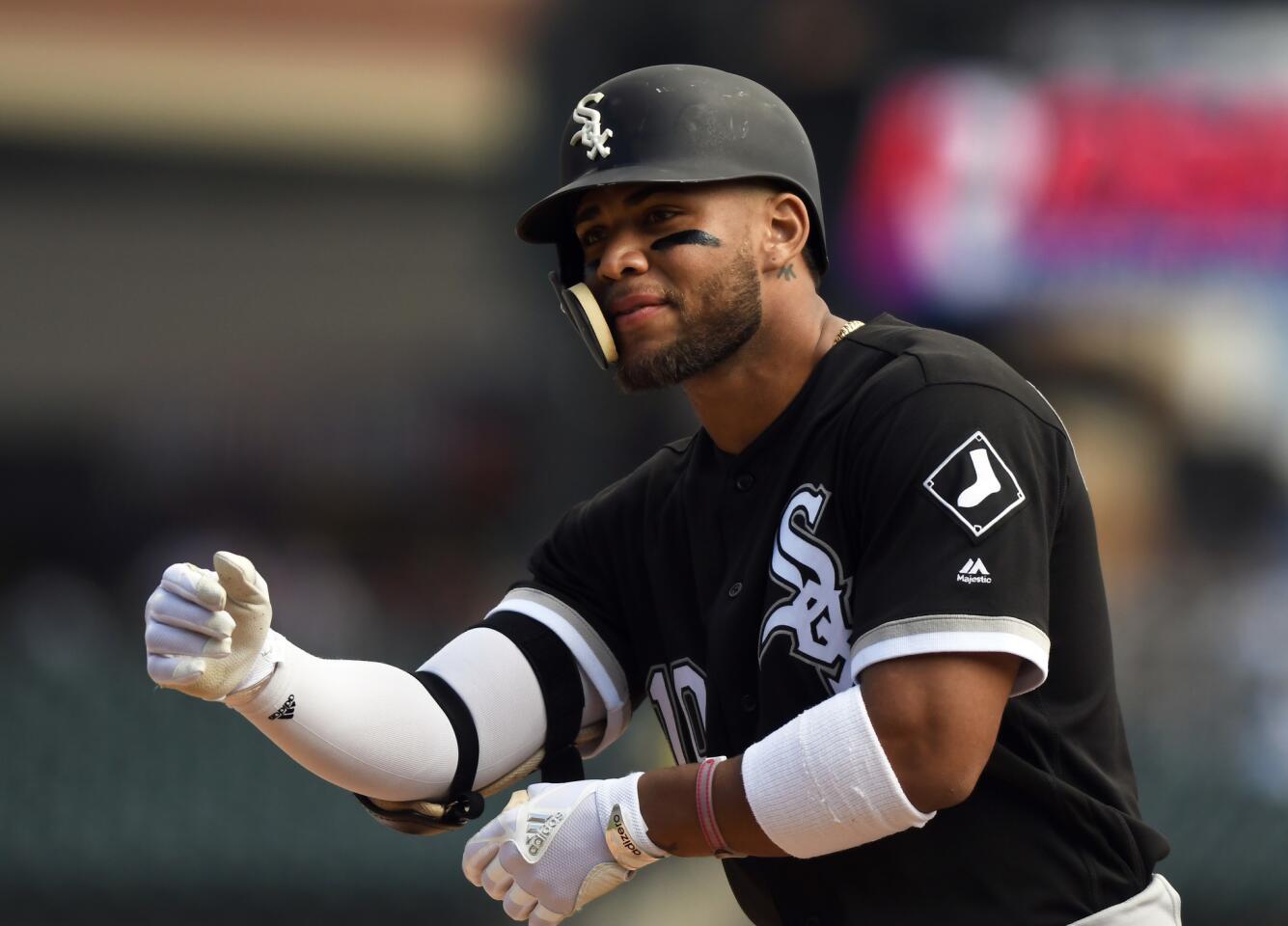 Yoan Moncada reacts after hitting a single against the Tigers on Thursday, Sept. 14, 2017, in Detroit.