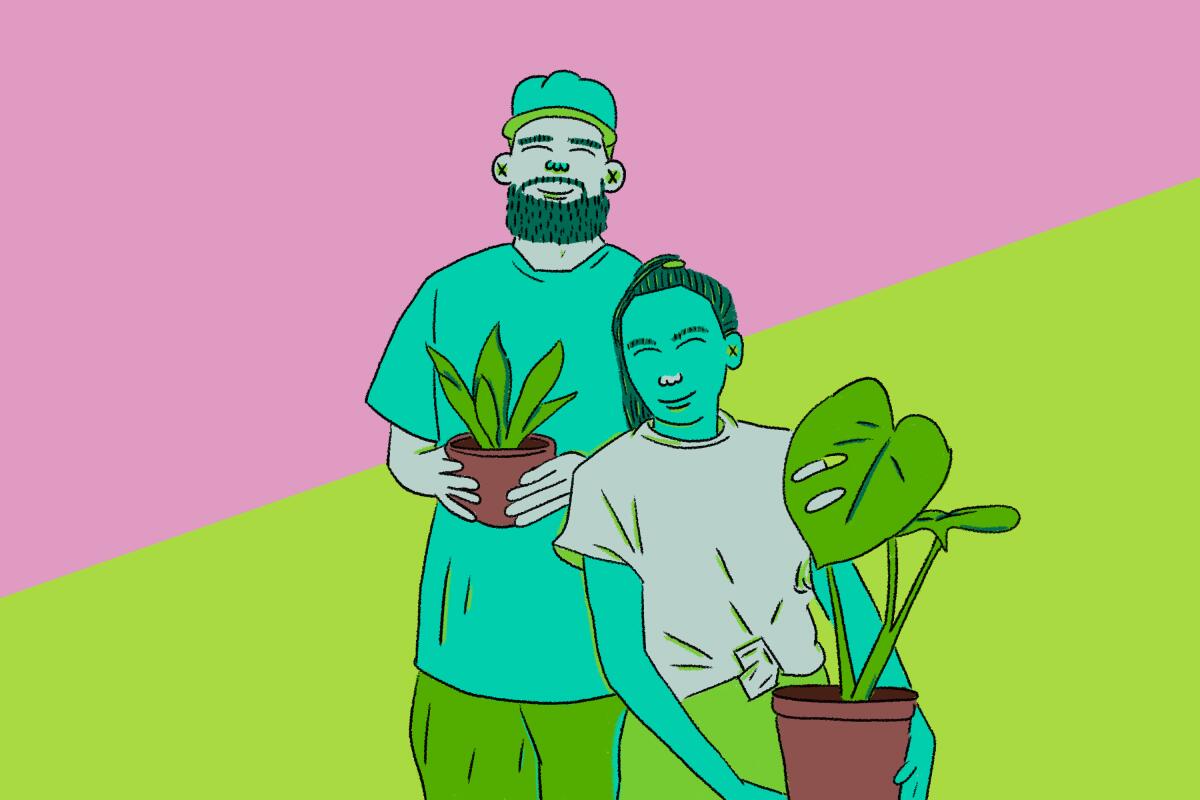 illustration of Jon Perdomo and Jerrilyn Peralta holding their favorite plants