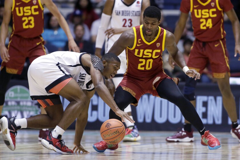 San Diego State guard Lamont Butler slips in front of USC guard Ethan Anderson during the first half of Friday's game.