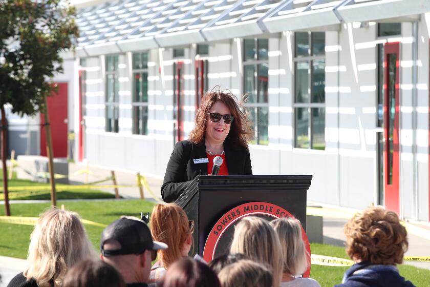 Superintendent Dr. Leisa Winston remarks about the project during the Sowers Middle School "Vikings" ribbon-cutting ceremony for its new campus and renovation phase on Thursday in Huntington Beach.