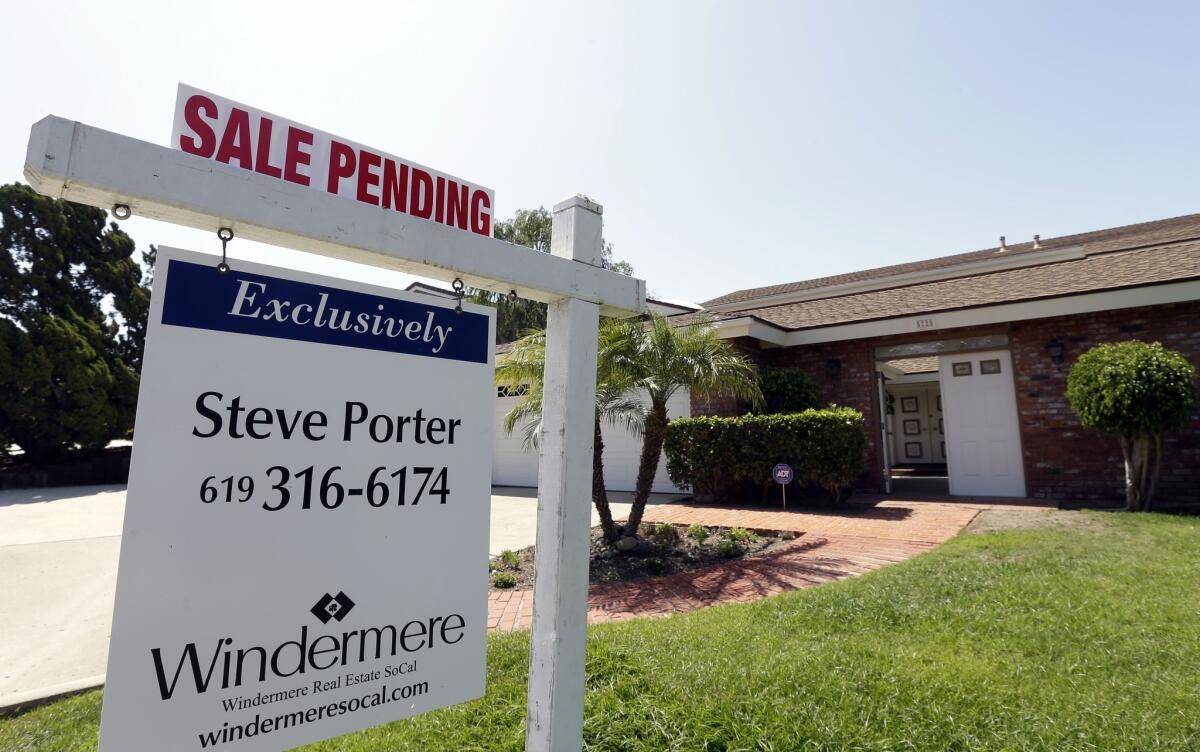 The sign outside a San Diego home shows that a sale is pending.