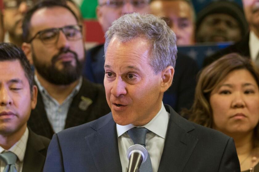 FILE - In this Tuesday, April 3, 2018 file photo, New York Attorney General Attorney General Eric Schneiderman speaks during a news conference in New York to announce a new lawsuit by seventeen states, the District of Columbia and six cities against the U.S. government, saying a plan to add a citizenship query to the census questionnaire is unconstitutional. (AP Photo/Mary Altaffer)