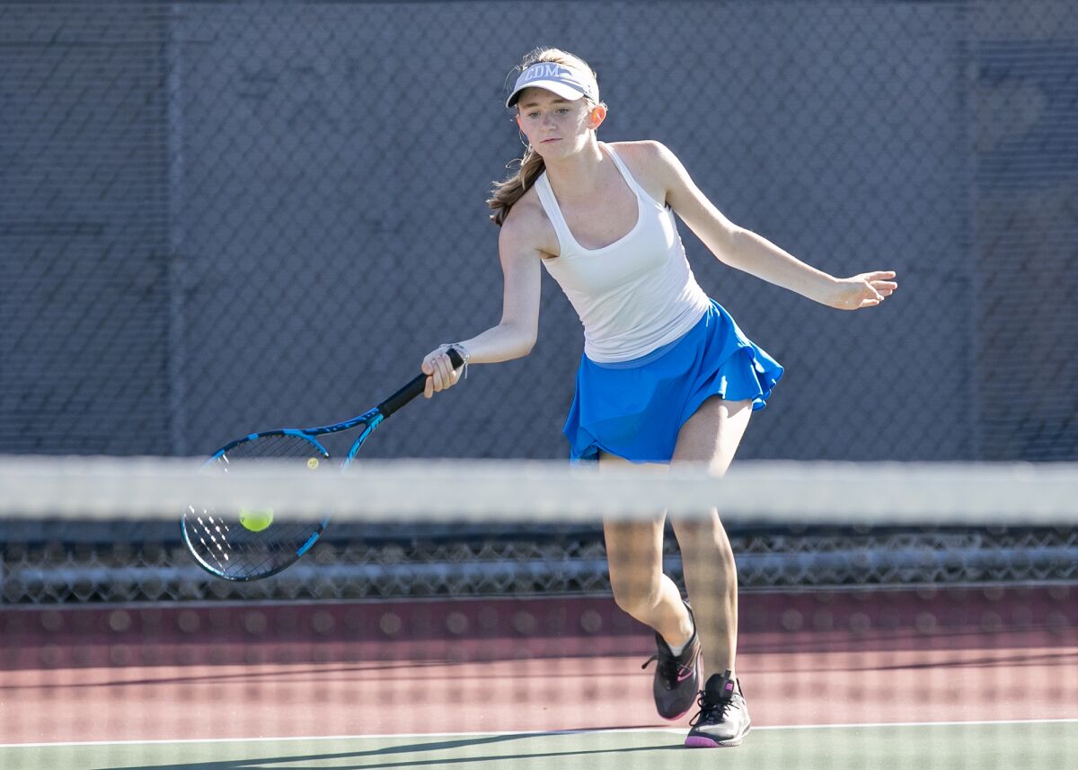 Corona del Mar's Polina Briggs returns a forehand against Huntington Beach during a Surf League match on Tuesday.