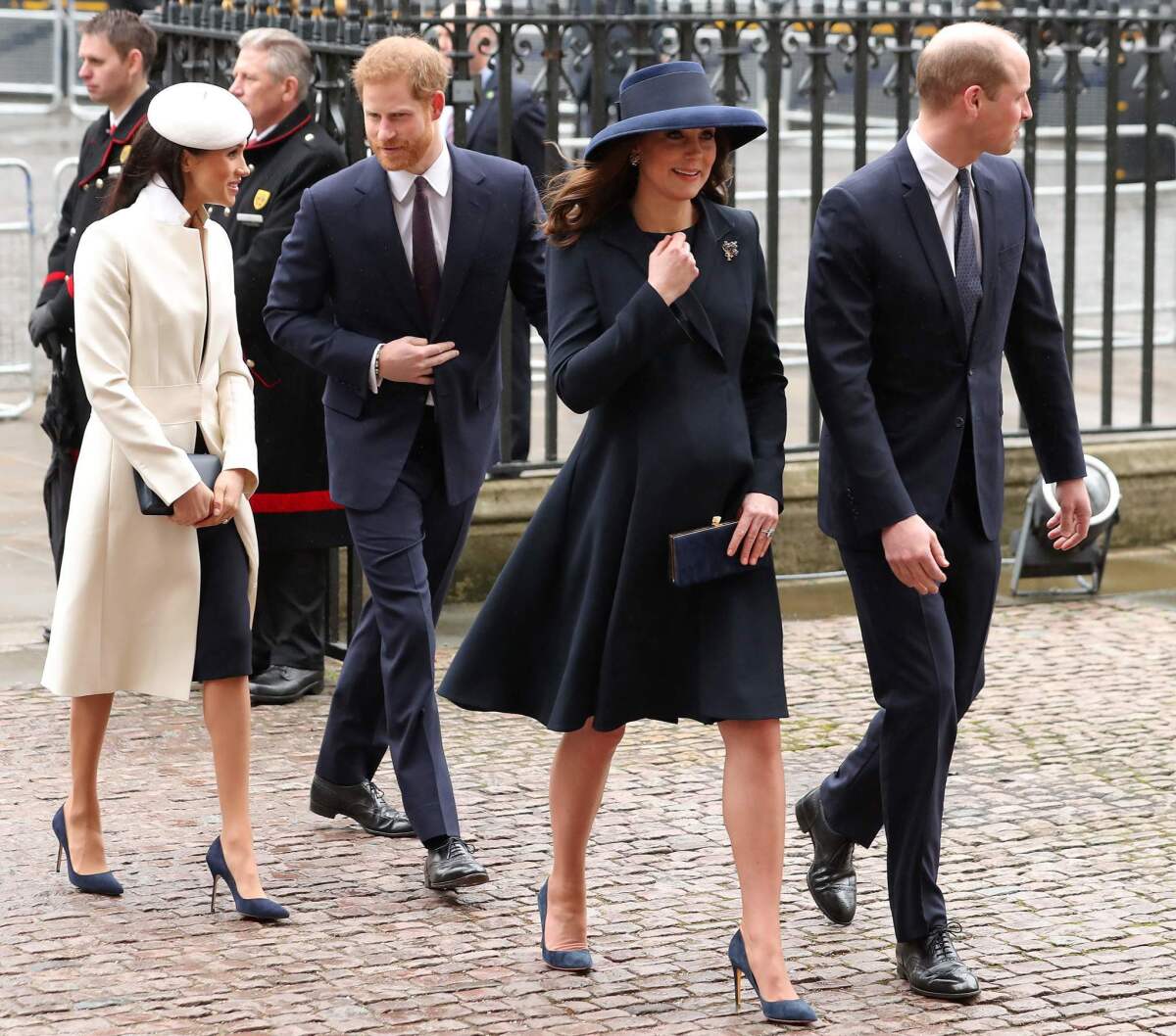 Catherine, Duchess of Cambridge, and her husband, Prince William, Duke of Cambridge, front left, arrive with Prince Harry and Meghan Markle to attend a Commonwealth Day Service.
