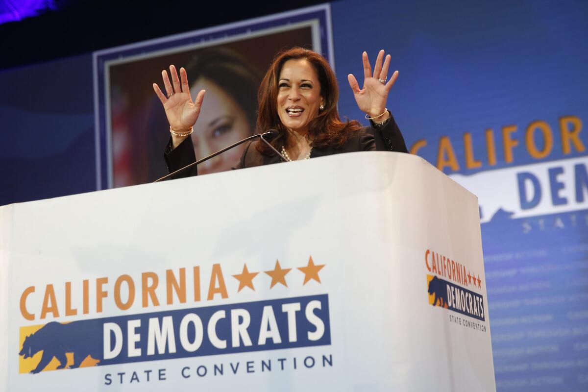 A conservative group has asked the U.S. Supreme Court to block California Atty. Gen. Kamala Harris, shown speaking at the California Democratic Party convention on Saturday, from requiring it to disclose its major donors.