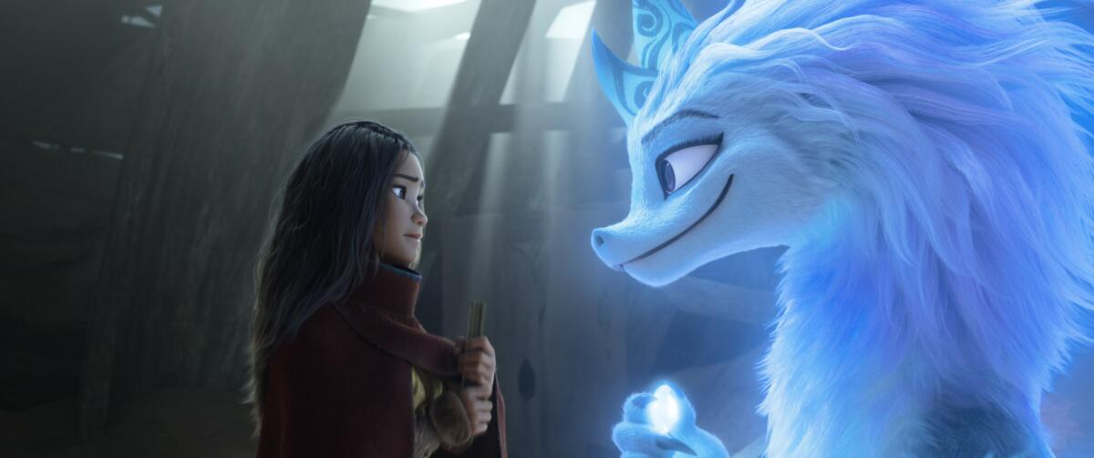 An animated scene of a young woman and a white furry dragon facing each other