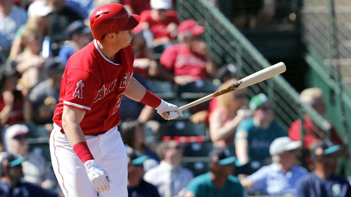 Angels first baseman C.J. Cron, shown after hitting a home run against the Mariners earlier this spring, singled in a run against the Padres on Thursday.