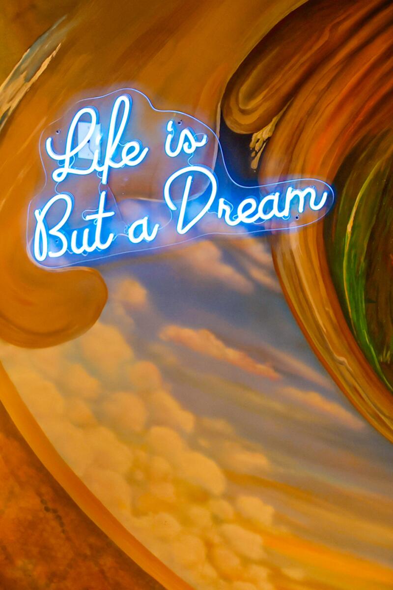 A neon that sign reads "Life is but a dream" against a cloud mural