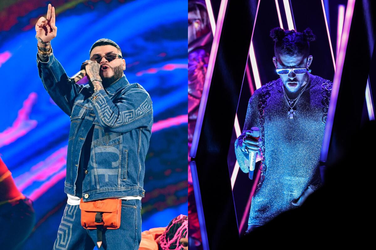 Latin music stars Farruko and Bad Bunny perform