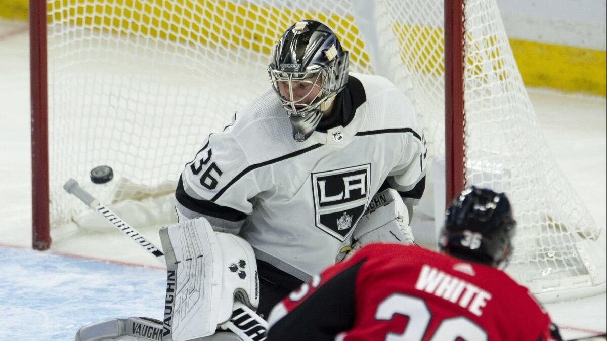 Ottawa Senators center Colin White fires (36) the puck past Kings goaltender Jack Campbell (36) to score during the second period.