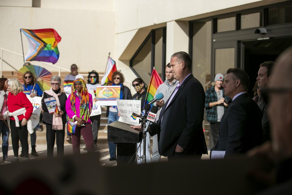 Huntington Beach Mayor Tony Strickland speaks during a press conference in February.