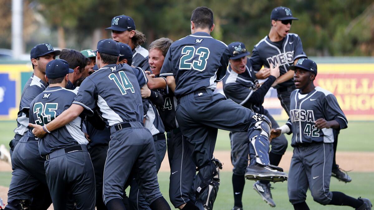 Murrieta Mesa players celebrate a playoff victory on May 31. A week later they would become champions.