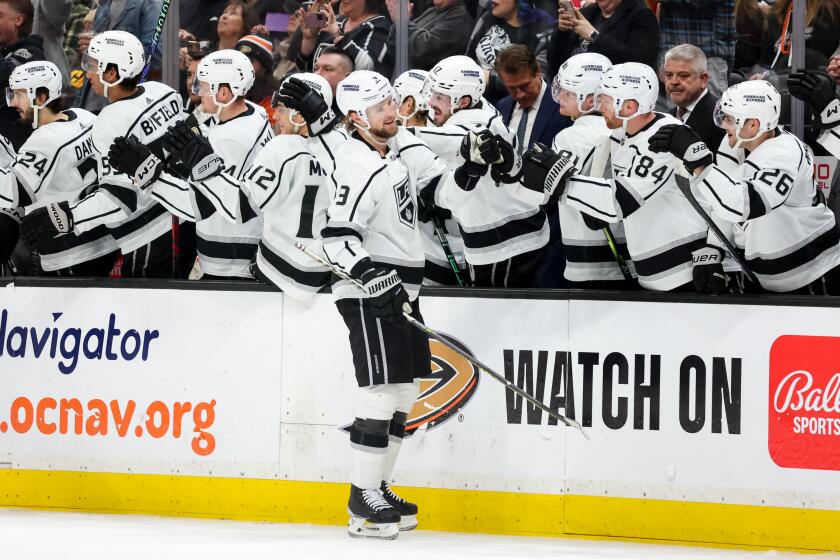 ANAHEIM, CA - APRIL 13: Adrian Kempe #9 of the Los Angeles Kings celebrates his goal.