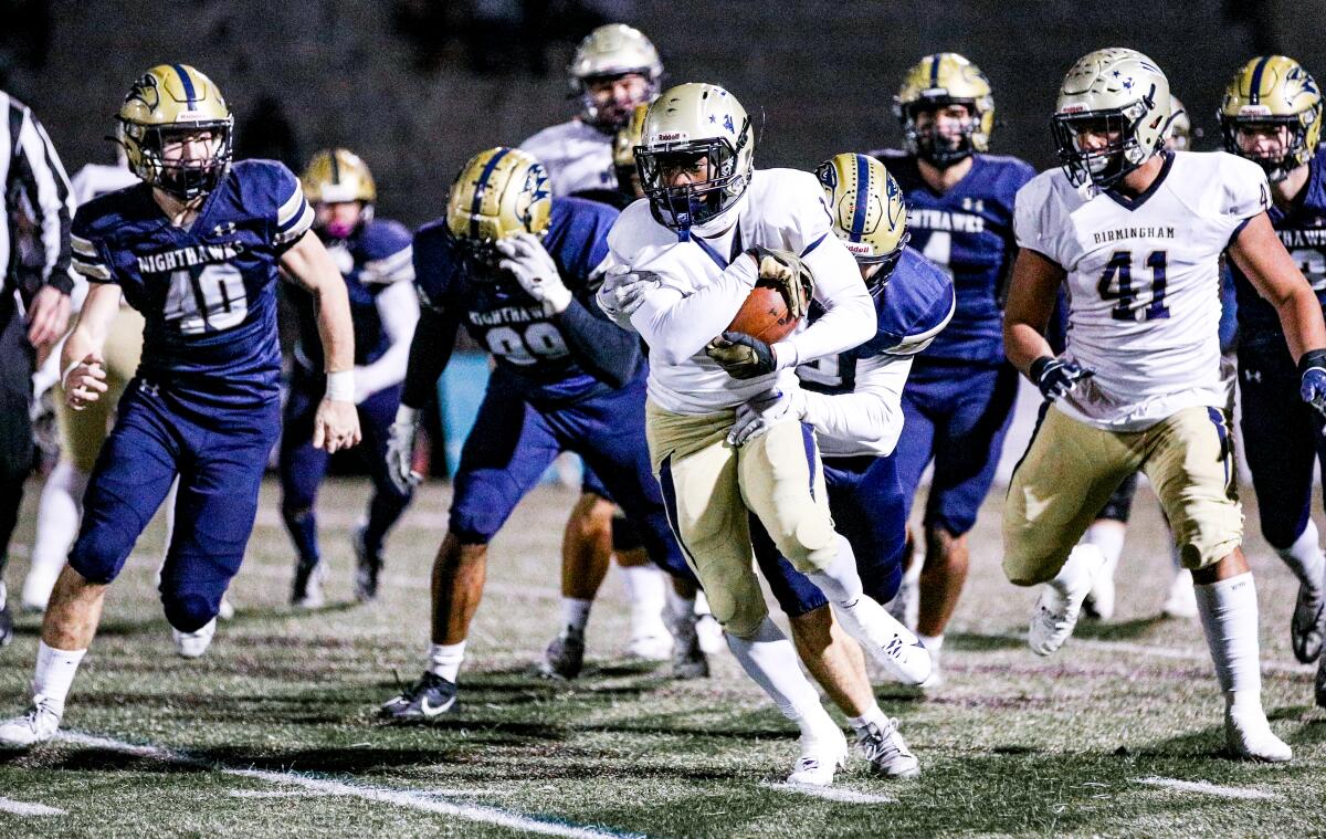 Dredon Fowles of Birmingham rushed for 125 yards in a state regional playoff win last season over Del Norte.