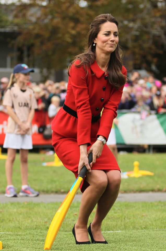 The Duchess of Cambridge bats during a game of cricket during the countdown to the 2015 ICC Cricket World Cup at Latimer Square in Christchurch, New Zealand.