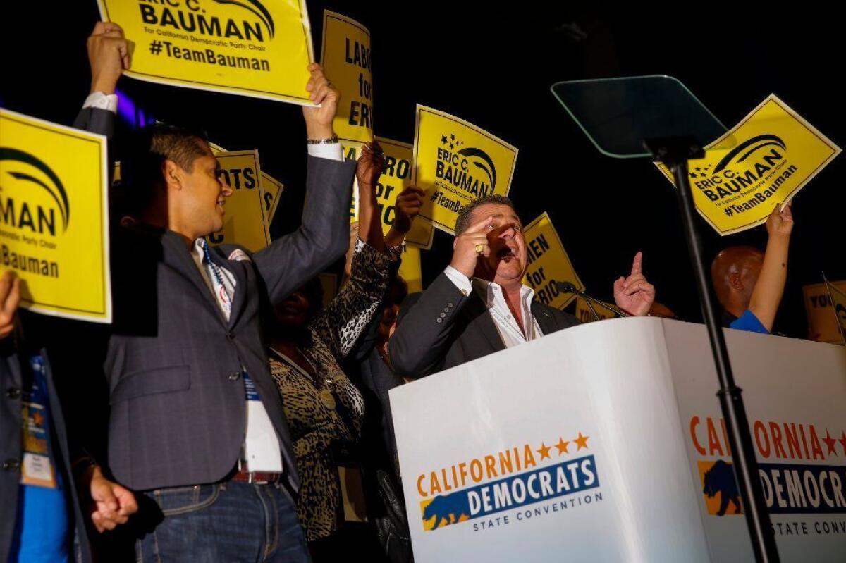 Eric Bauman, the now-disgraced former party chairman, speaks at the 2017 California Democratic Party Convention in Sacramento, where he was elected to lead the party.
