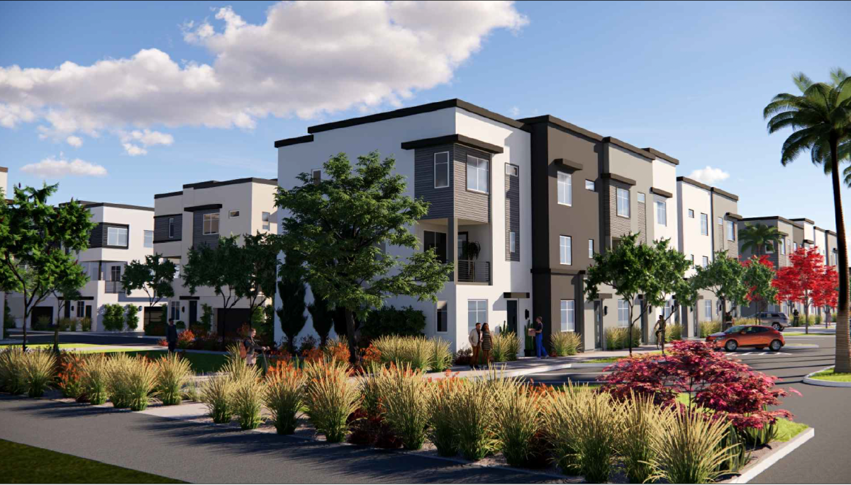 A rendering of the 129-unit townhome project in Huntington Beach, located at 7225 Edinger Ave.