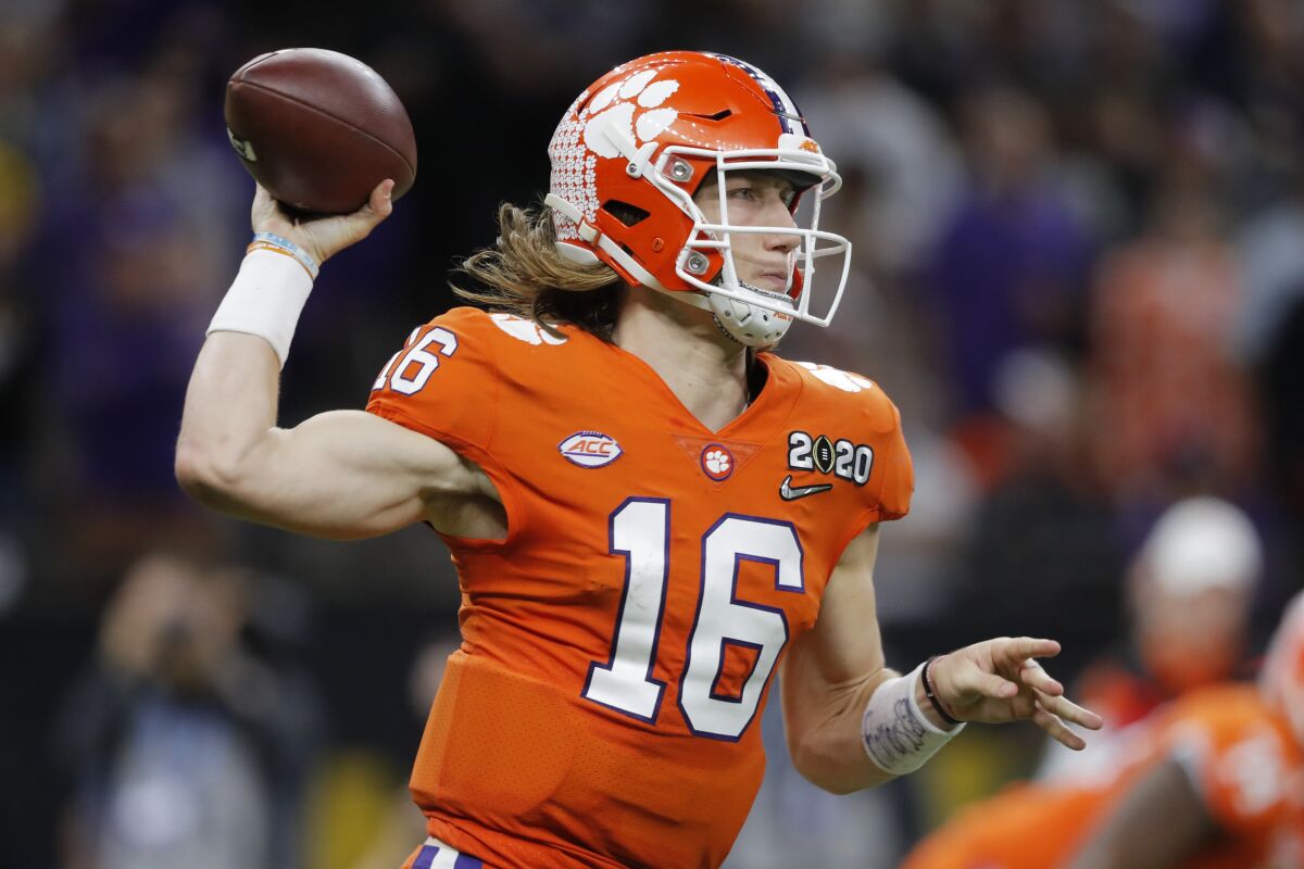 Clemson quarterback Trevor Lawrence (16) will likely be the favorite to win the 2020 Heisman Trophy and be selected first overall in the 2021 NFL Draft in Cleveland.