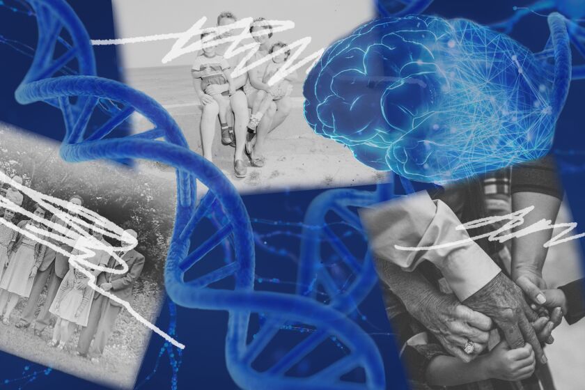 Photo illustration of family photos with scribbles on them and a DNA helix and electric brain.