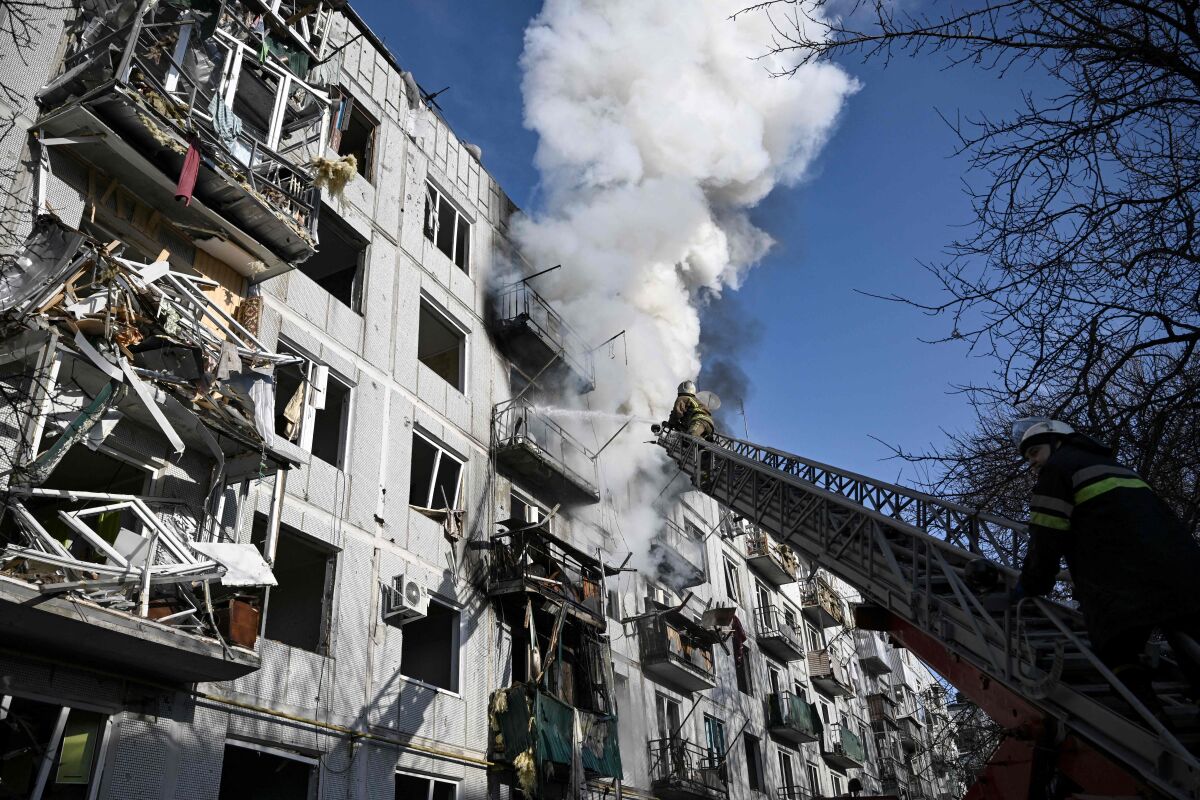 A building burns in eastern Ukraine.
