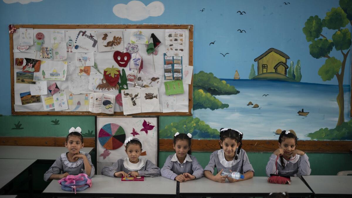 Girls attend classes at a United Nations Relief and Works Agency school in Gaza City on Aug. 29, 2018. A spokesman for the Palestinian leadership said the U.S. decision to cut funding for the U.N. agency aiding Palestinian refugees is an attack on Palestinians.