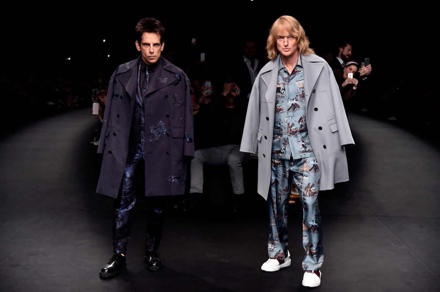 Derek Zoolander (Ben Stiller), left, and Hansel (Owen Wilson) on the Valentino runway during Paris Fashion Week in March 2015.