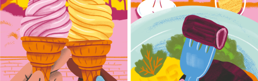 An illustration of two ice cream cones next to an illustration of a plate of food