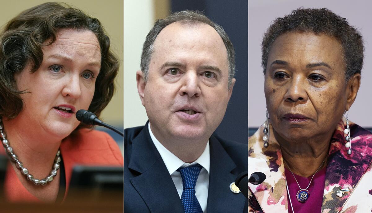 Side-by-side closeups of Katie Porter, Adam B. Schiff and Barbara Lee
