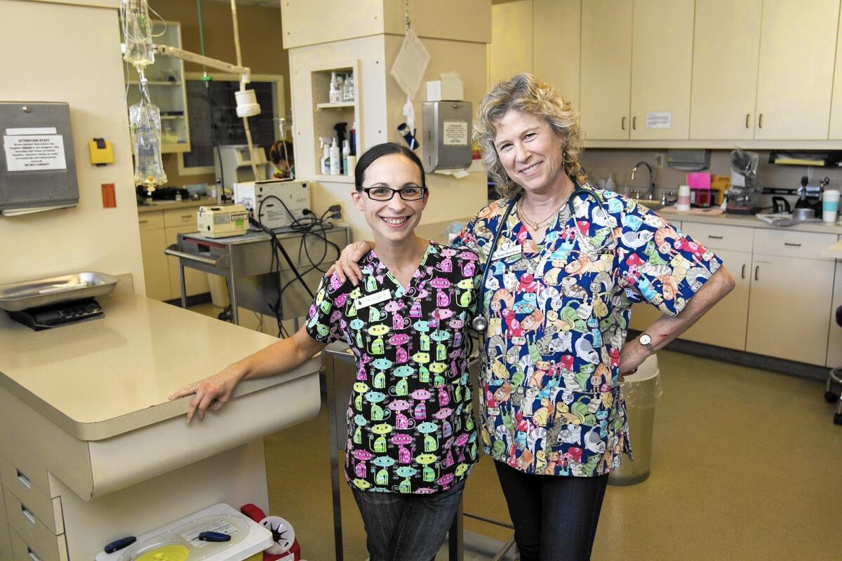 Tracy Neurauter, left, a registered veterinary technician, and Dr. Diane Steinberg, a board-certified feline veterinary specialist, are two of the three owners of the Cat Clinic in Costa Mesa. The third is Tracy Darling, who lives in Pennsylvania.