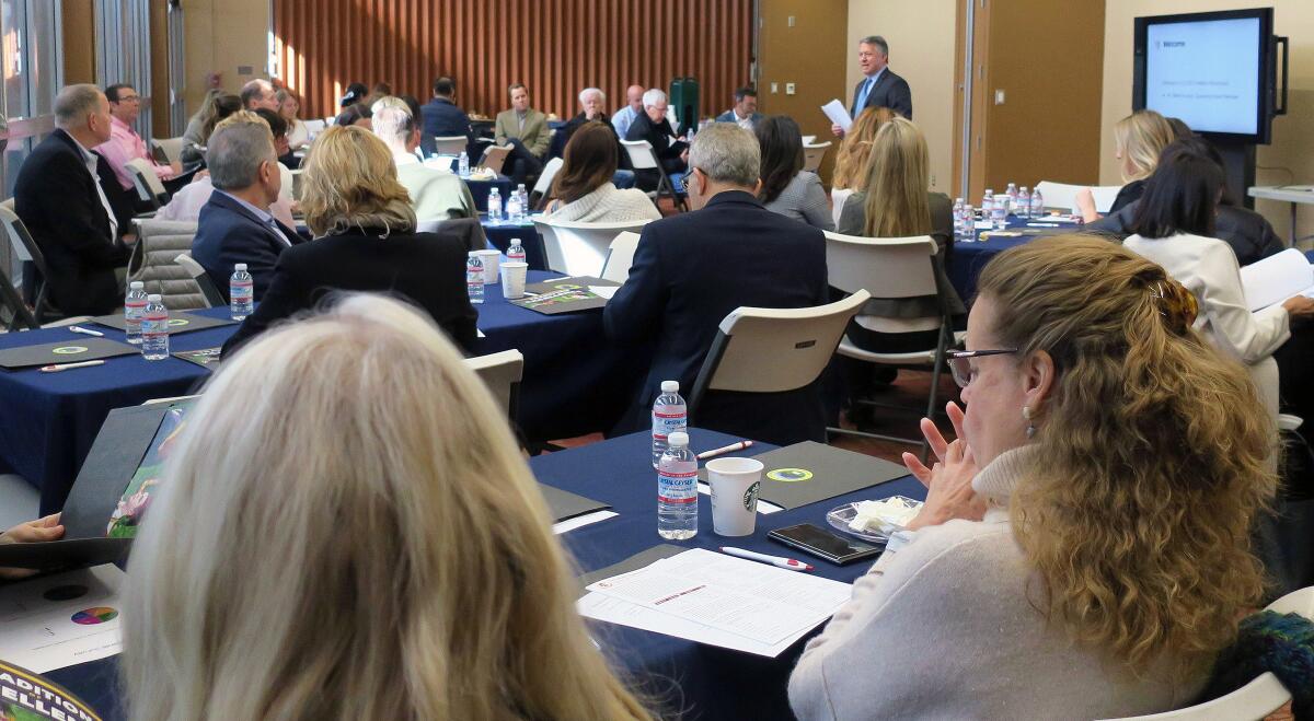 La Cañada Unified school board member Brent Kuszyk addresses real estate professionals at a Feb. 5 Realtor Roundtable that aims to give agents talking points about what's happening in La Cañada public schools.