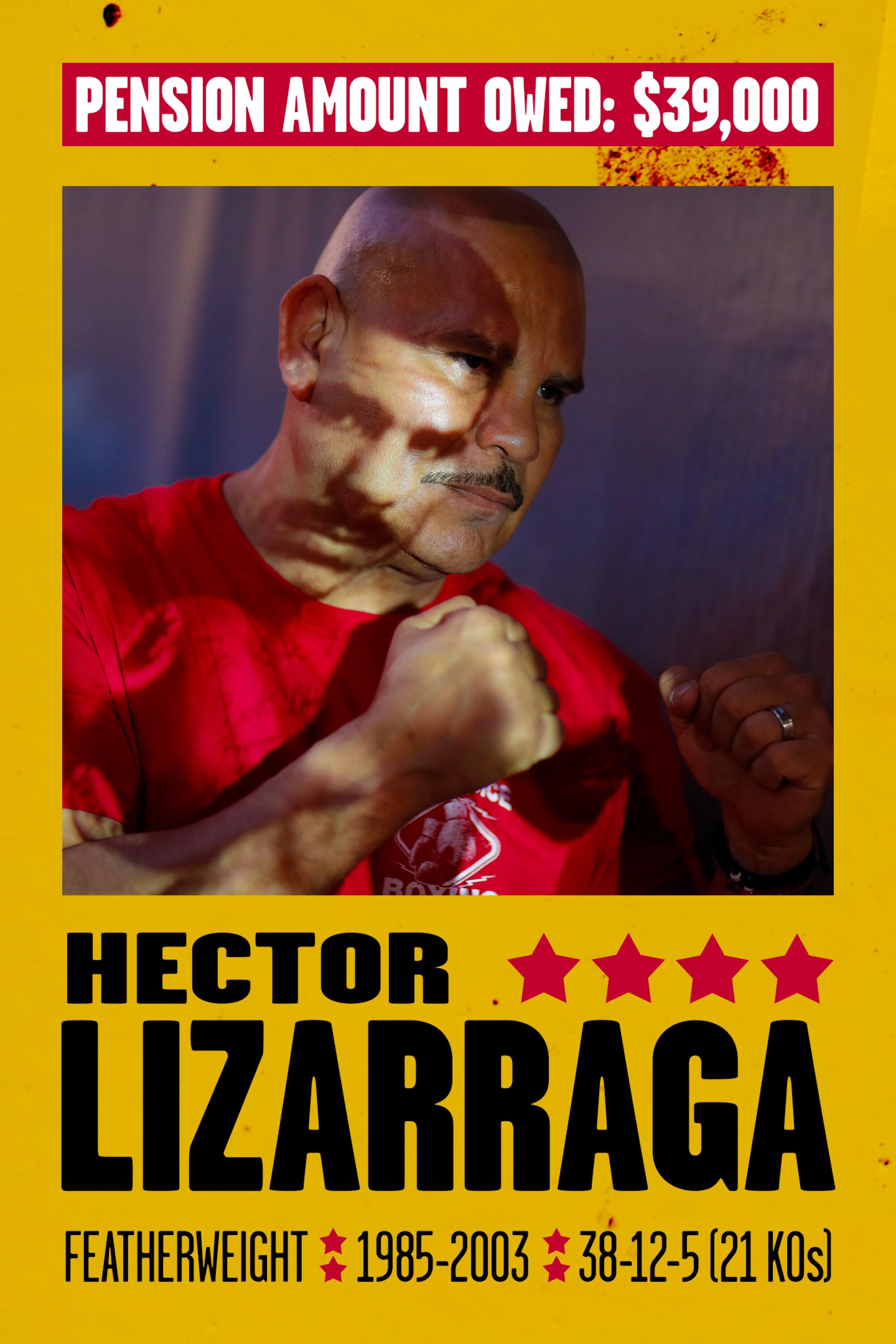 Fight poster: HECTOR LIZARRAGA, FEATHERWEIGHT, 1985-2003, 38-12-5 (21 KOs). PENSION OWED: $39,000