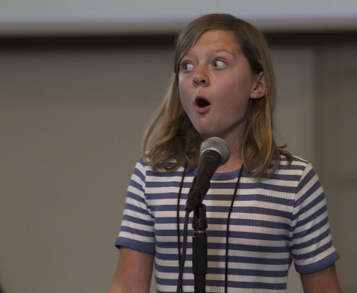 Emma Welsh from the San Pasqual Union elementary school surprised herself after spelling her word right during the first round at the 49th annual San Diego Union-Tribune county wide spelling bee held at Liberty Station.