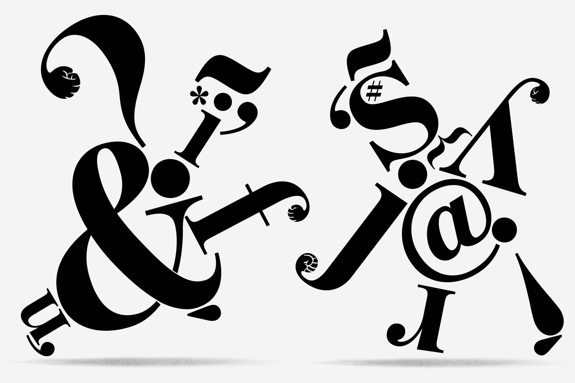 Illustration of two figures formed by typographic elements arguing.