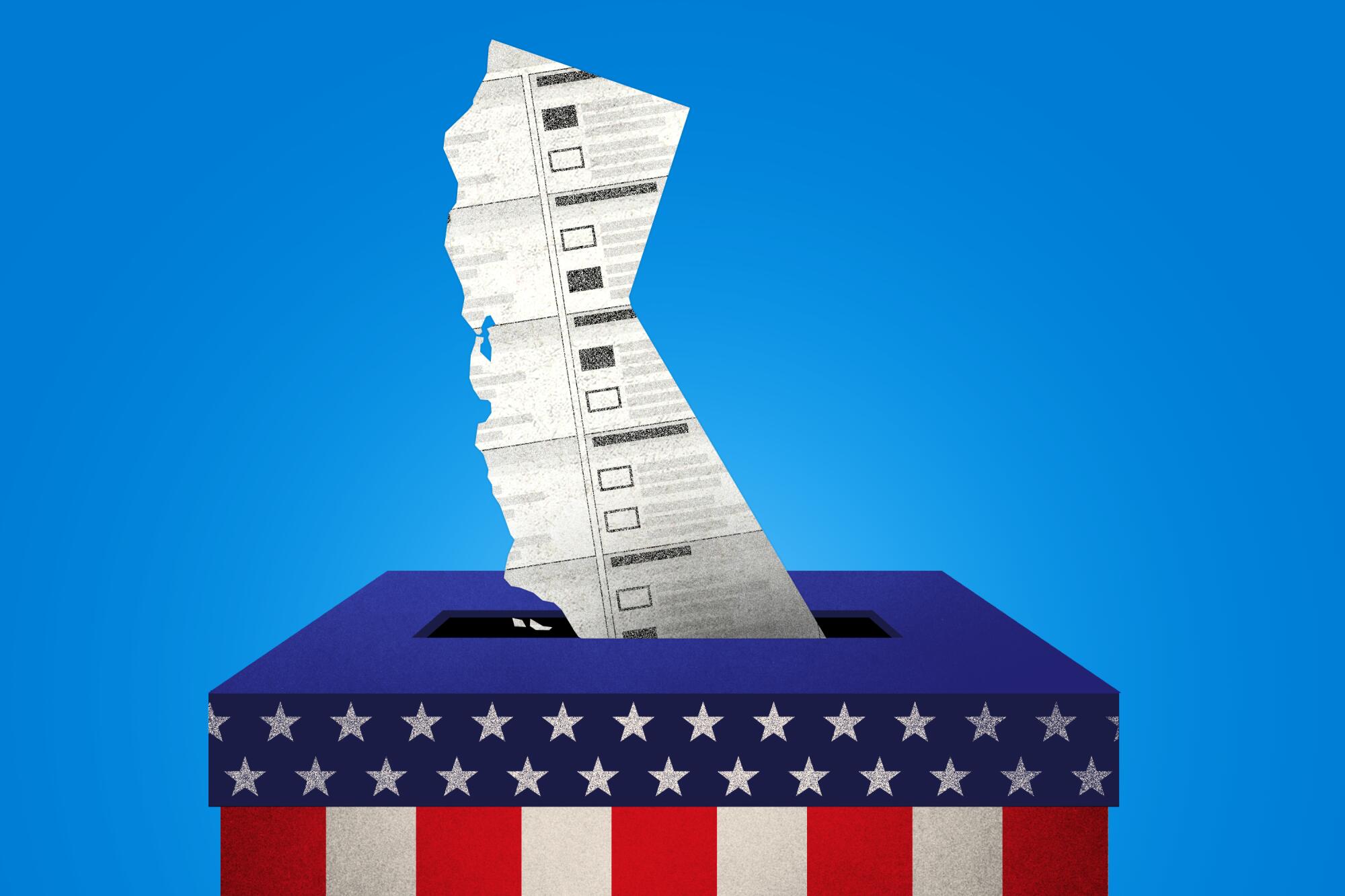 stars and stripes ballot box with a California-shaped ballot tucked in the slot