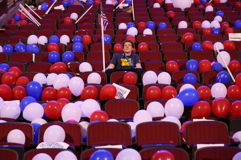 Luca Bernansconi, of New Jersey, sits alone in the stands after the conclusion of the Democratic National Convention.